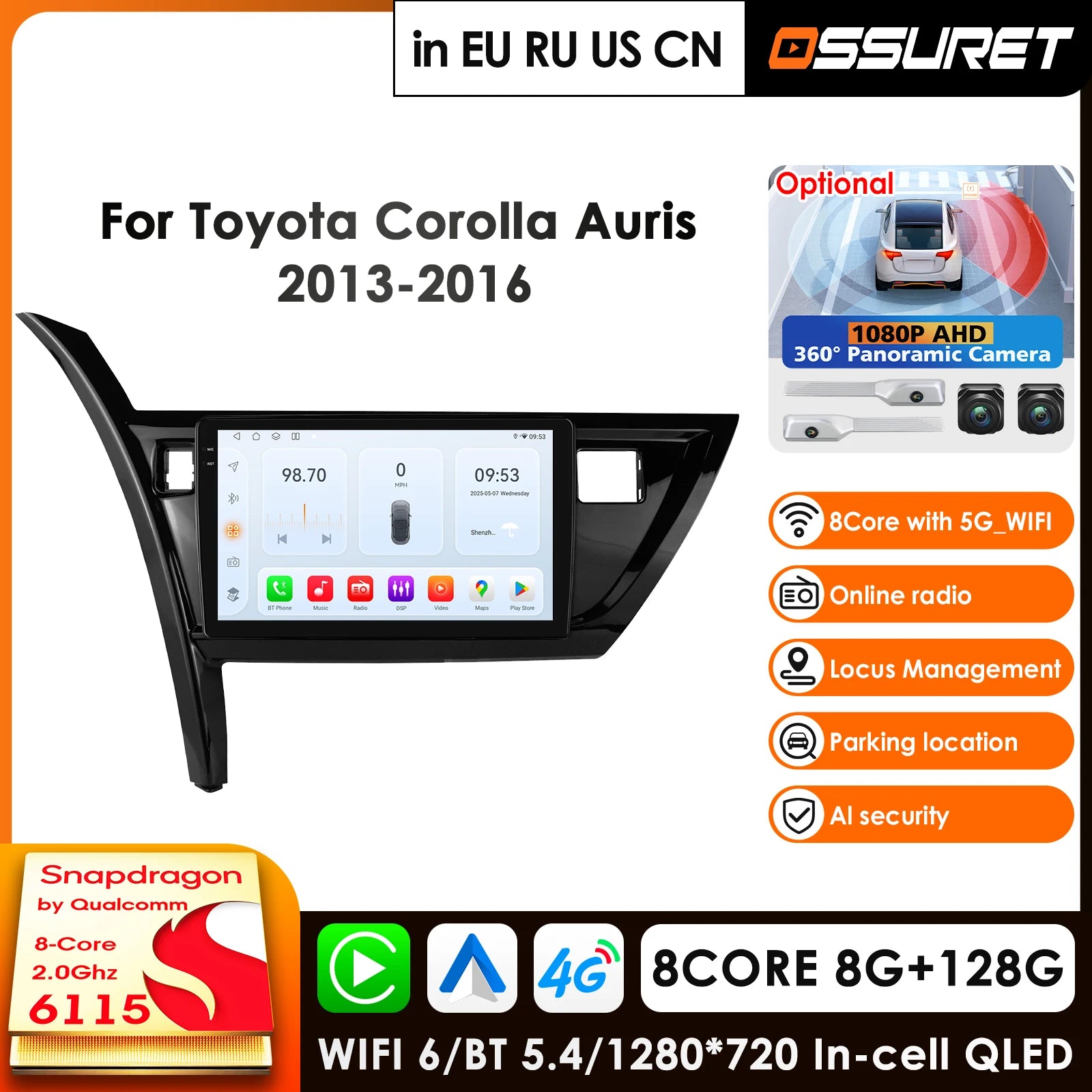 2 Din Android 14 Car Radio GPS for Toyota Corolla Auris 2013-2016 - 4G LTE DSP WIFI Carplay Multimedia Navigation