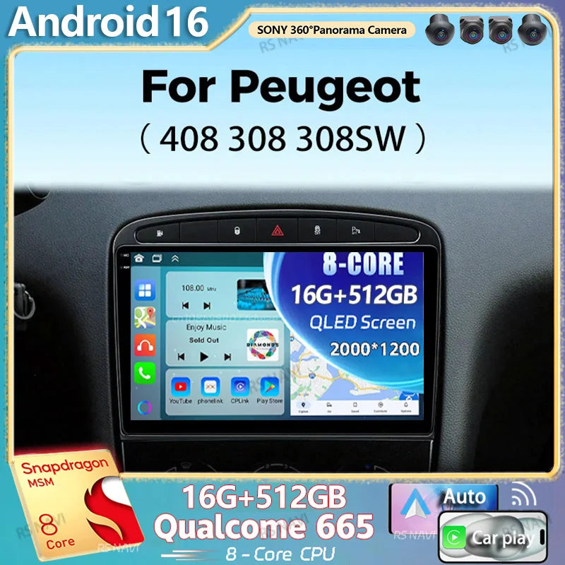 Android 16 For Peugeot 308 308SW 408 2012-2020 2K QLED Stereo Car Radio Multimedia Video P