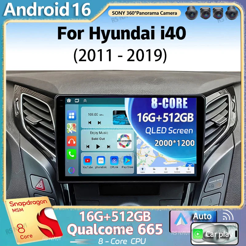 Android 16 For Hyundai i40 2011 - 2019 2K QLED Android Car Radio Multimedia Video Player G