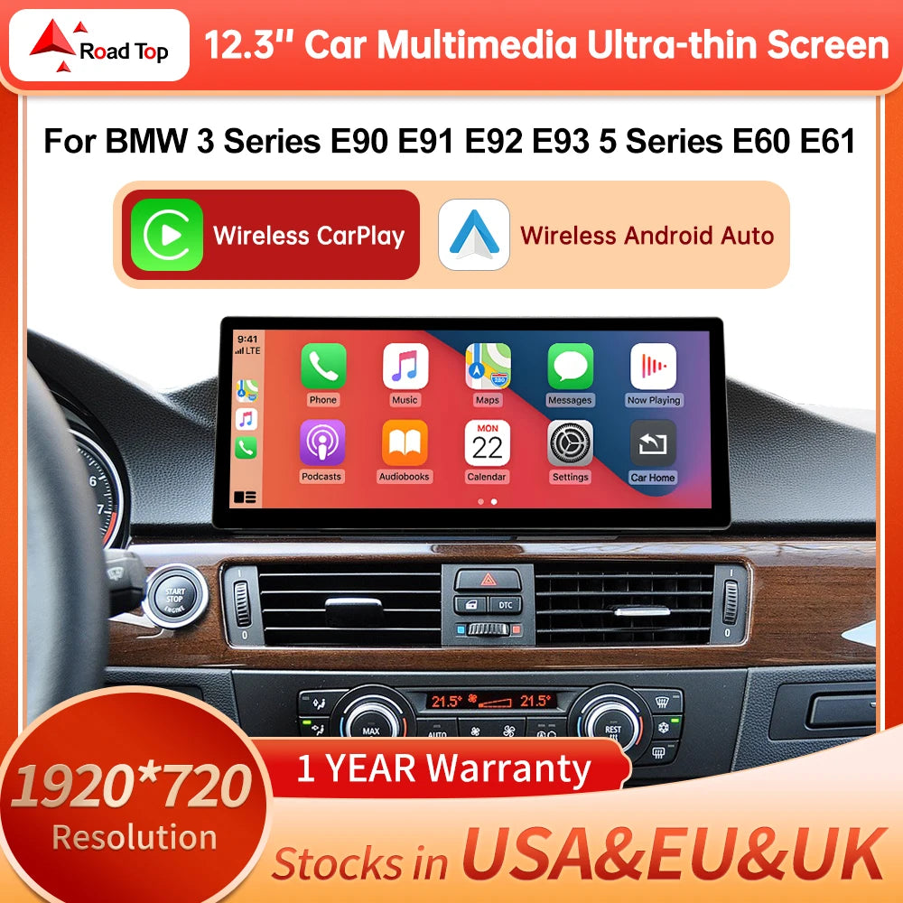 12.3'' Wireless Carplay Touch Screen For BMW 3 Series E90 E91 E92 E93 5 Series E60 E61 Mul | AUTOKITSHOP