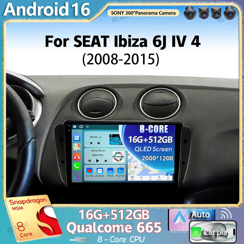 Android 16 For SEAT Ibiza 6J IV 4 2008 - 2015 2K QLED Stereo Car Radio Multimedia Video Pl