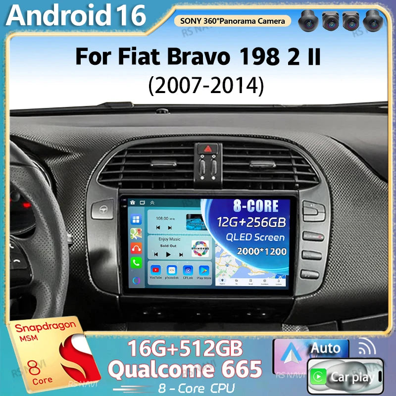 Android 16 For Fiat Bravo 198 2 II 2007 - 2014 2K QLED Stereo Car Radio Multimedia Video P