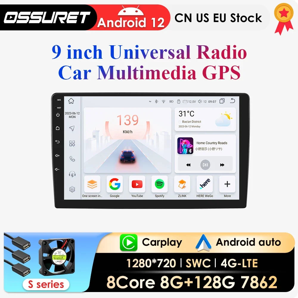 9inch Android 12 Universal Car Multimedia Player For Universal Car Radio GPS Head Unit RDS