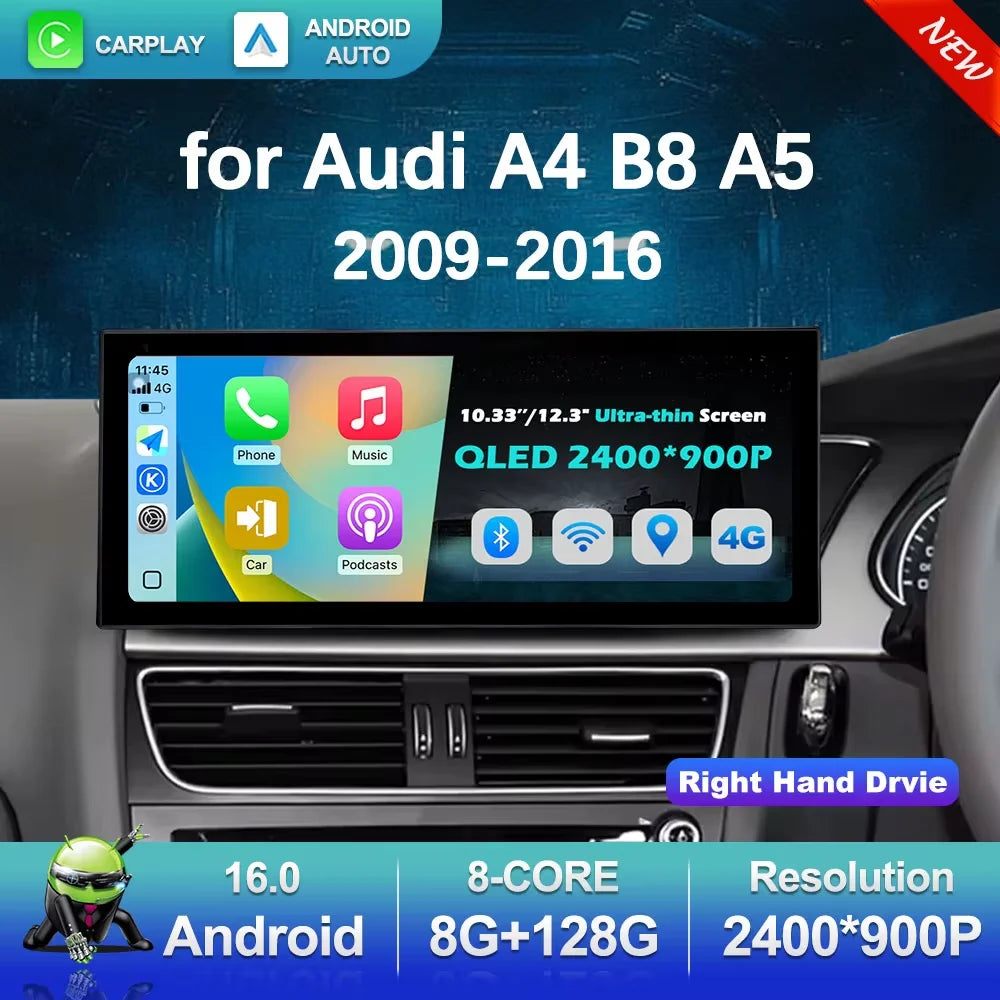 Android 16 GPS Navi 4G Car Video Multimedia Radio Player Right Hand Drvie for Audi A4 B8 A