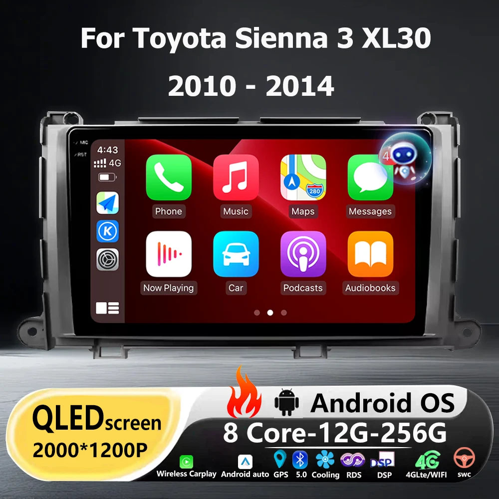 9 Inch For Toyota Sienna 3 XL30 2010-2014 Android 16 Auto Car Radio Multimedia Video Playe