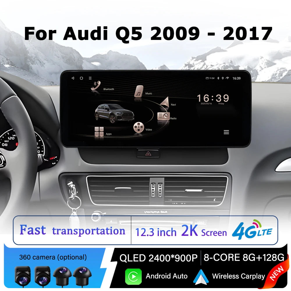 Android 14 for Audi Q5 2009 -2017 Intelligent Car Radio Multimedia QLED Touch Display DSP
