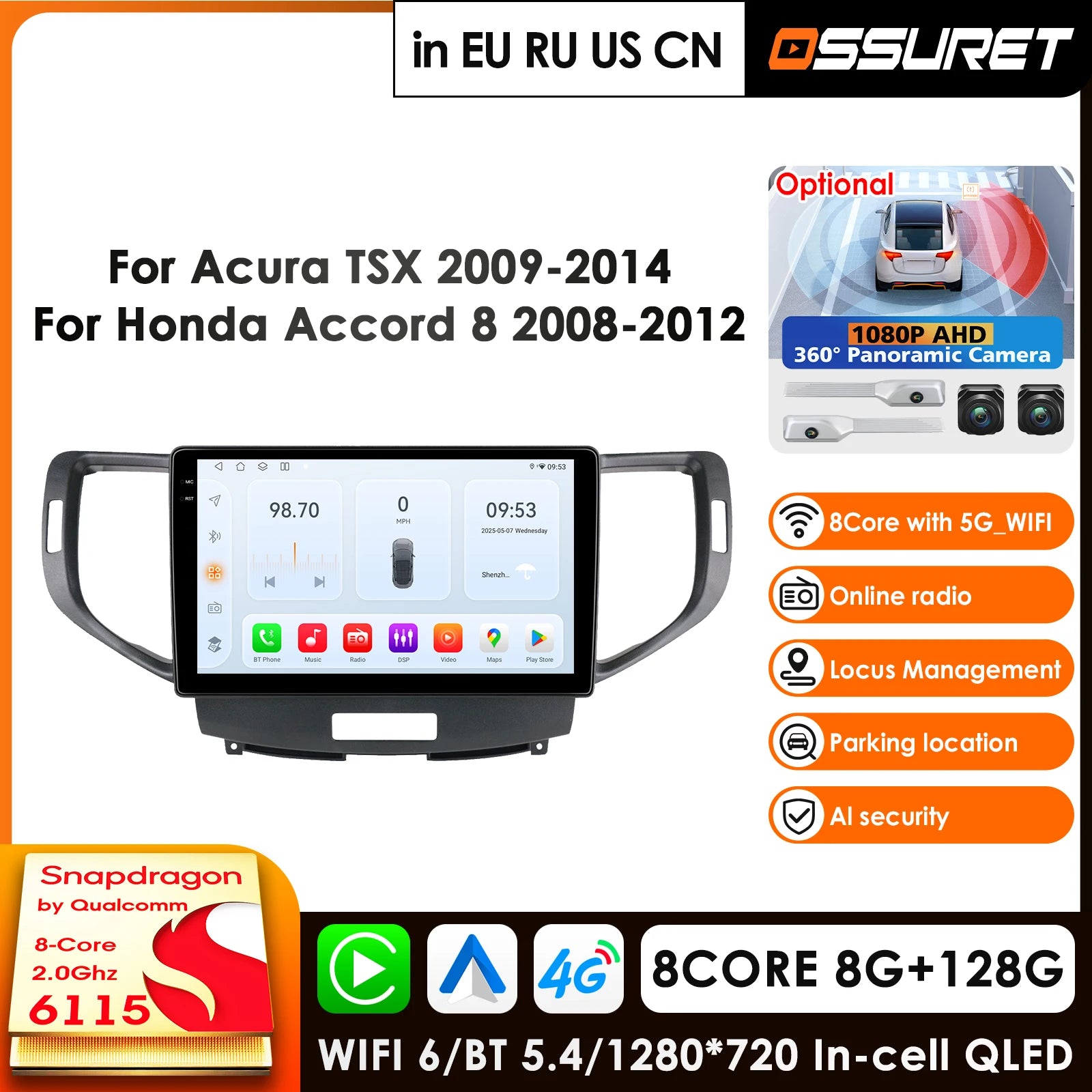 9" Car Radio GPS Android for Honda Accord 8 2008-2012 Spirior - 4G Carplay 2 Din Multimedia Navigation