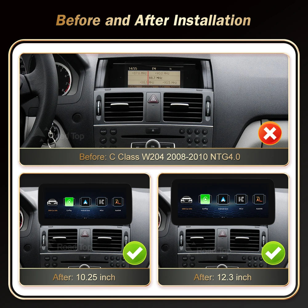 RoadTop Wireless CarPlay Android Auto Multimedia Display Linux Screen for Mercedes-Benz C