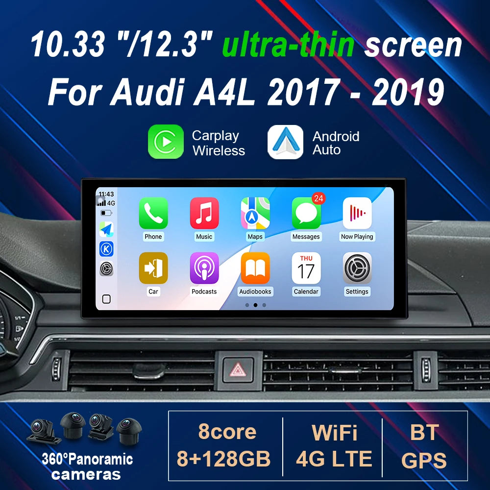 Wireless Carplay HD Touch Screen 4G WIFI DSP Stereo GPS Android 14 for Audi A4L 2017 - 201