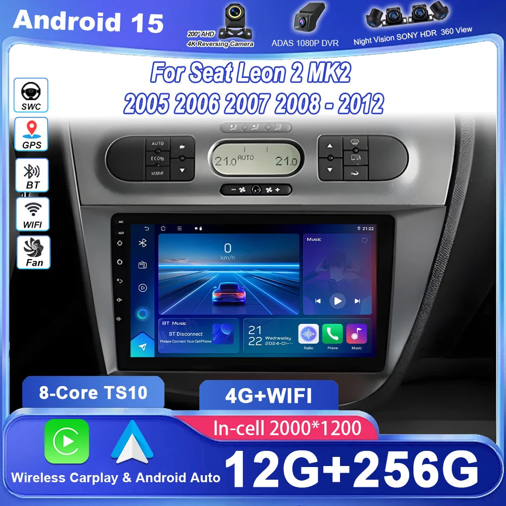 Android 15 Wireless Carplay Car Radio For Seat Leon 2 MK2 2005 2006 2007 2008-2012 Navigat