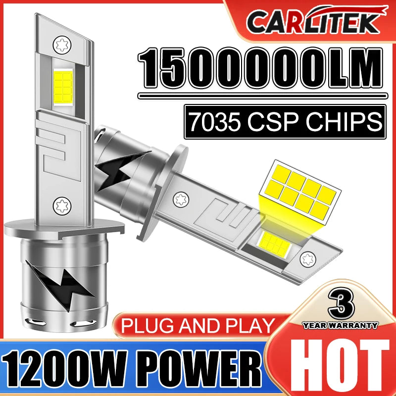 H1 H3 LED Headlights 1500000LM 6000K 1200W 16PCS 7035 CSP High Low Beam Turbo Auto Light 1