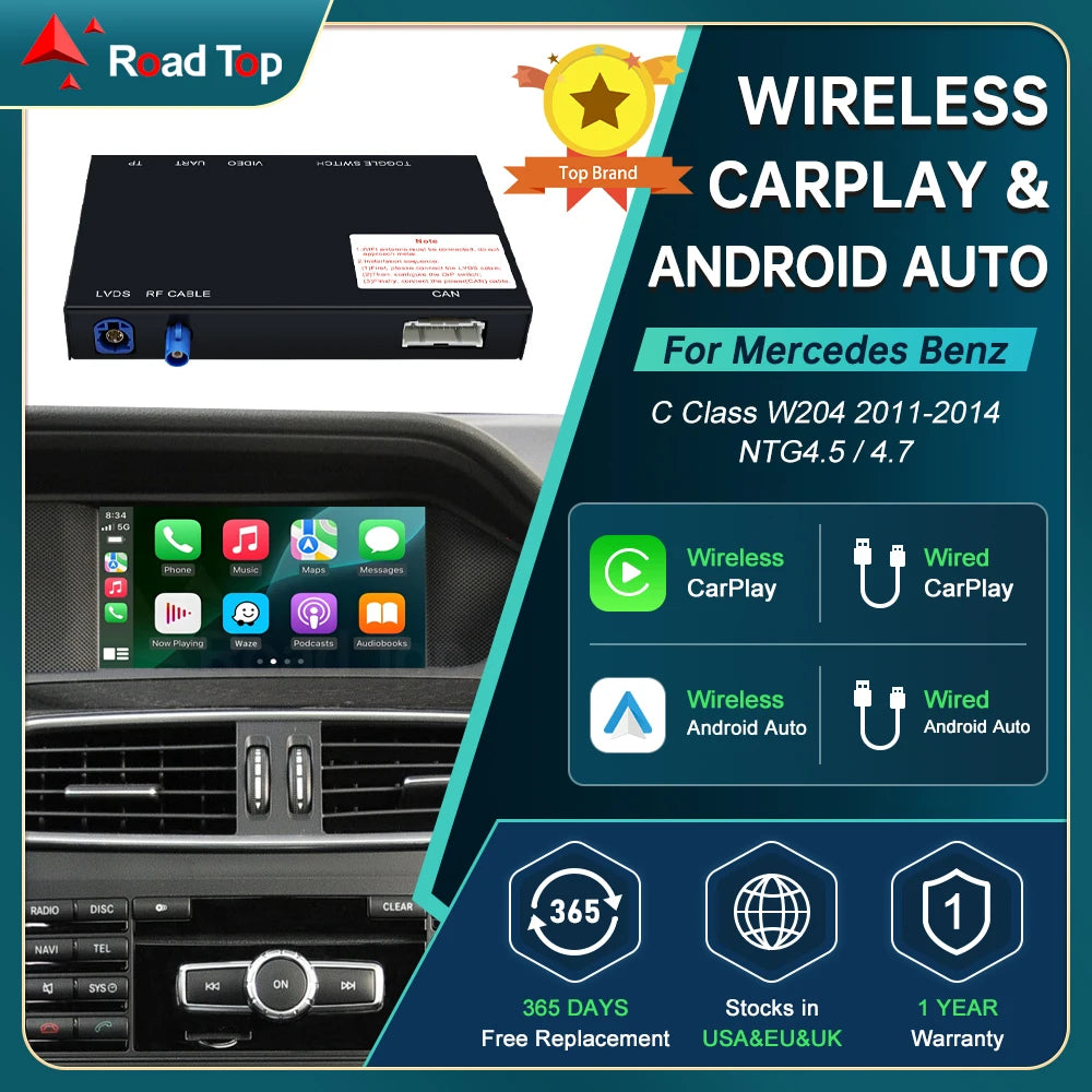 RoadTop Wireless CarPlay for Mercedes Benz C Class W204 2011-2014, with Android Auto Mirro