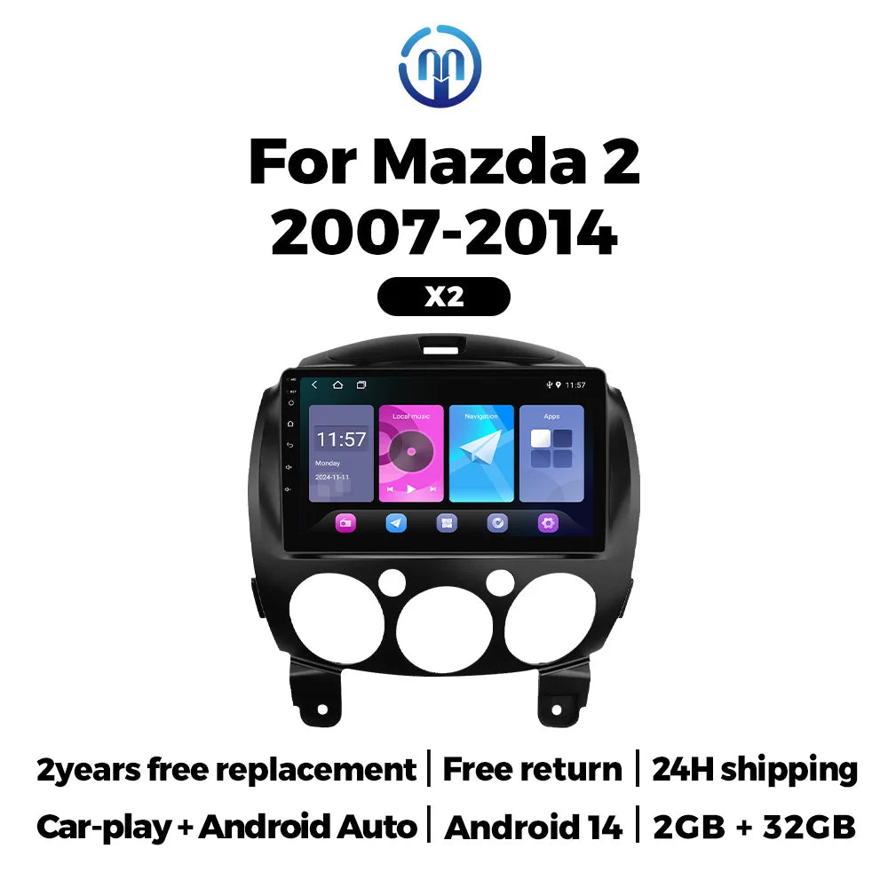 Android 14 OS IPS Car Radio For Mazda 2 Mazda2 DE 2007 - 2014 Wireless Carplay Auto Multim
