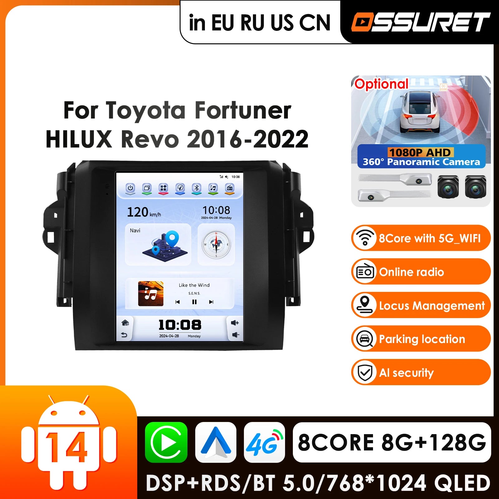 9.7" 4G Wireless Carplay Android Auto Car Radio GPS Multimedia Player for Toyota Fortuner HILUX Revo 2016 2017 2din - HD