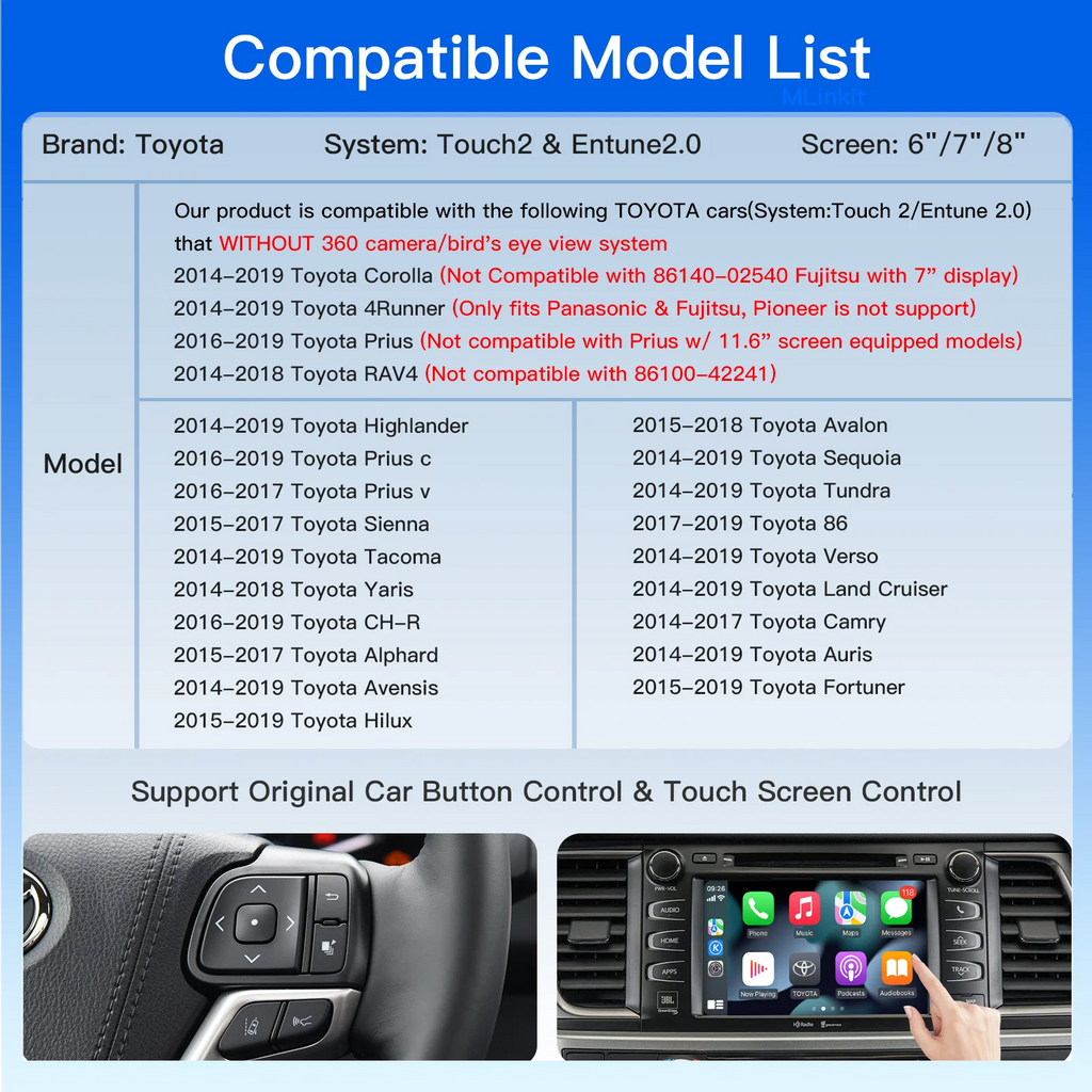 Wireless Carplay Android Auto For TOYOTA CHR Corolla Camry Auris prius RAV4 Avensis Highla