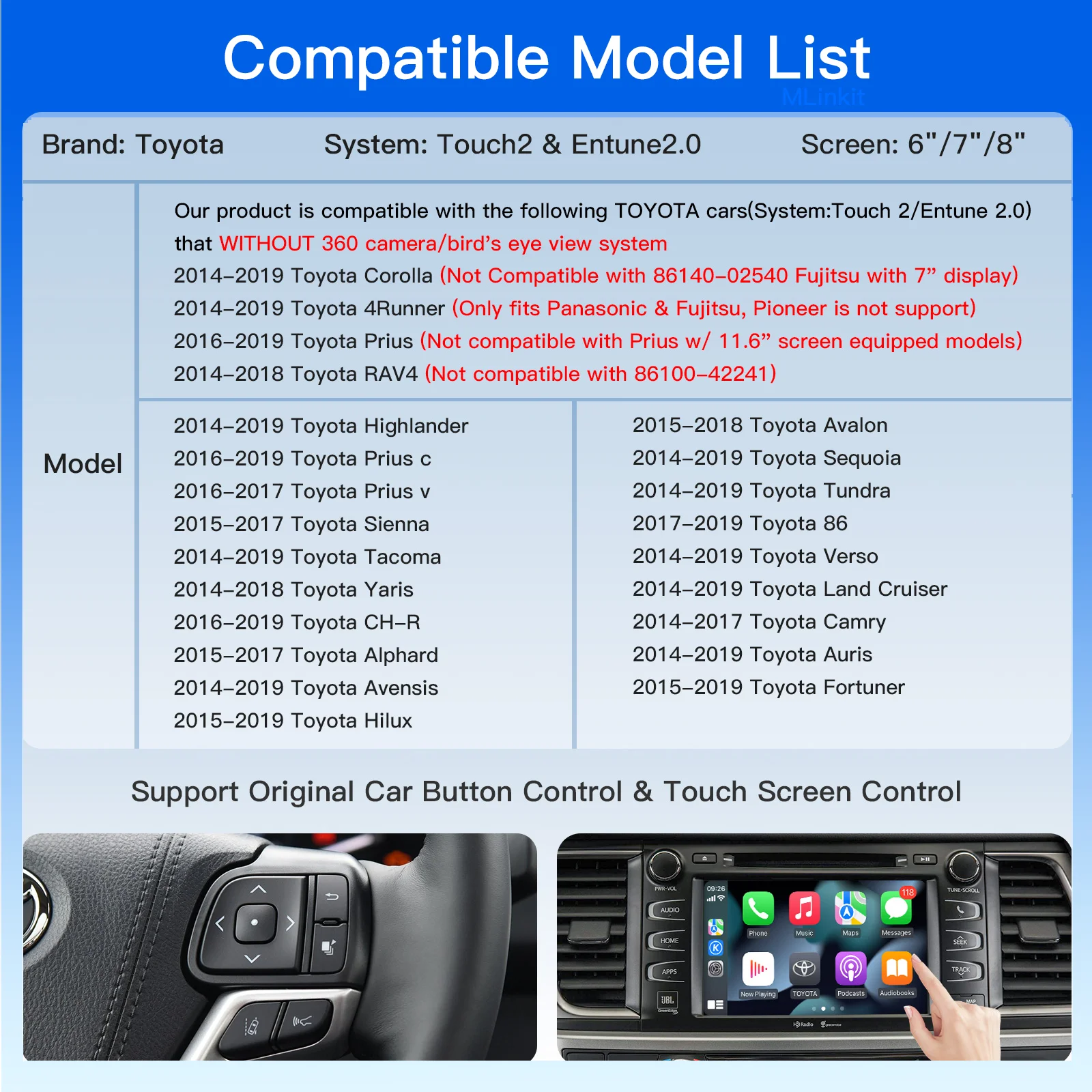 Wireless Carplay Android Auto For TOYOTA CHR Corolla Camry Auris prius RAV4 Avensis Highla