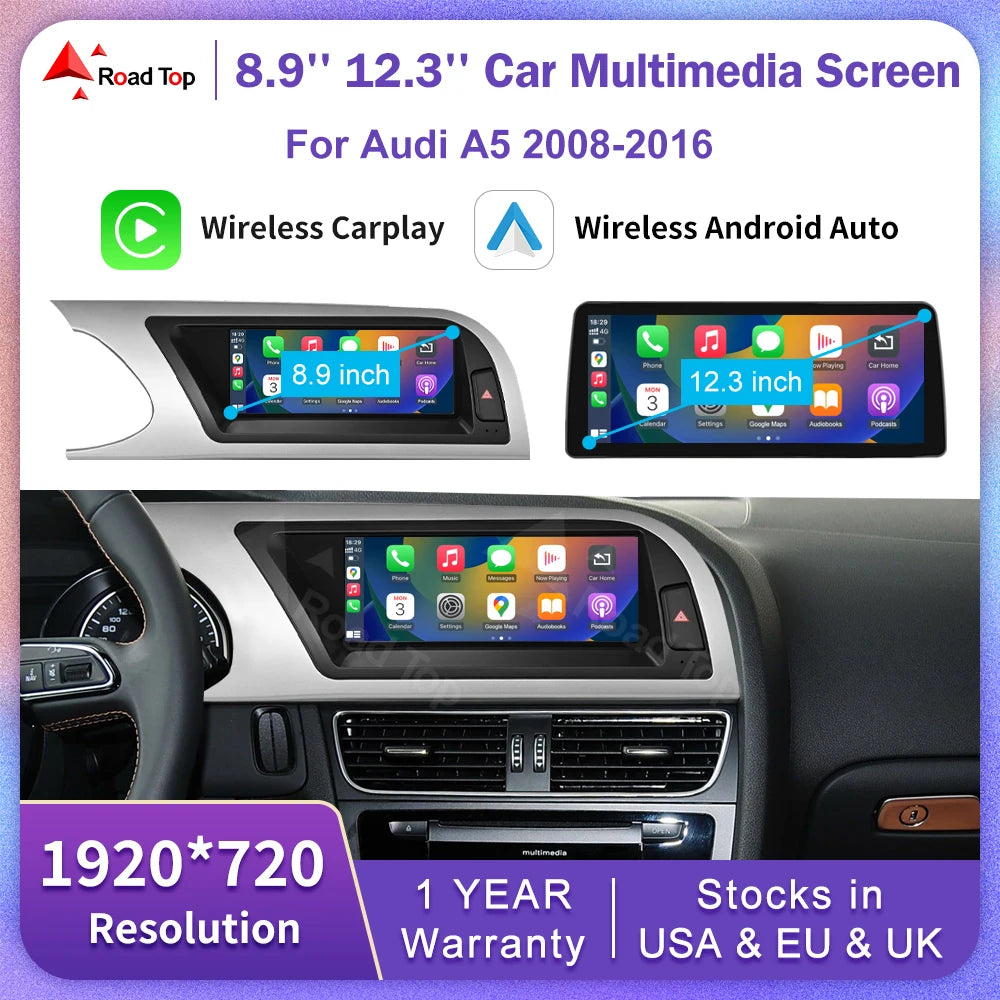 Linux 8.9/12.3inch Car Multimedia Touch Screen For Audi A5 2008-2016 with Wireless CarPlay | AUTOKITSHOP