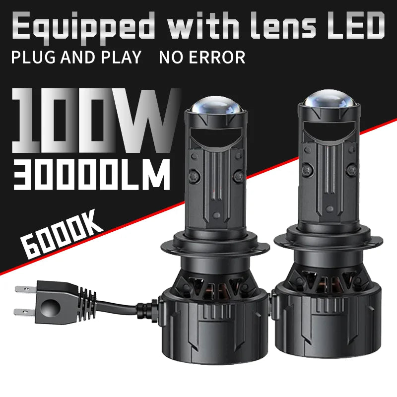 LHD H4 H7 LED Projector Mini Len Headlight Hi/Low Bulbs 50W Lens 6000K White Hi Lo Beam Fo