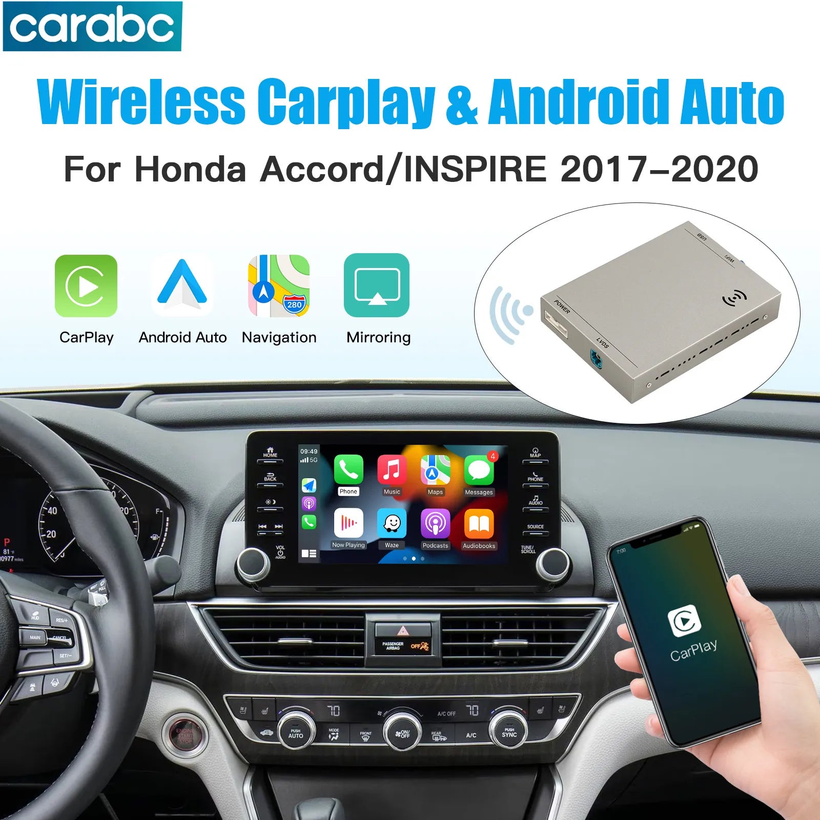 CARABC Wireless Carplay Android Auto Mirror Link for Honda Accord INSPIRE 2017-2020 GPS Na