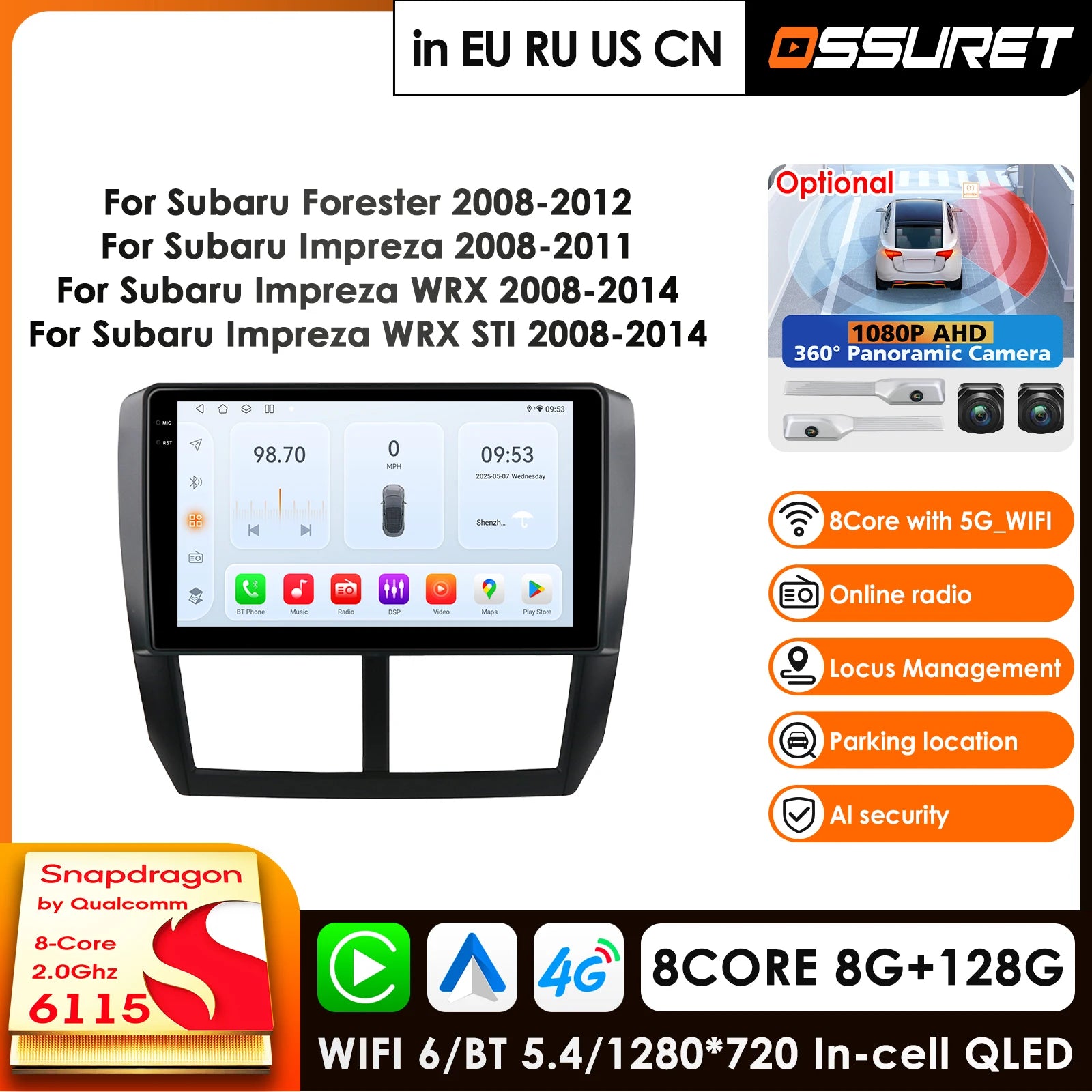 2Din Android 14 Car Radio GPS for Subaru Forester 3 2007-2013 Impreza WRX STI 2008-2014 - Carplay Head Unit Multimedia P