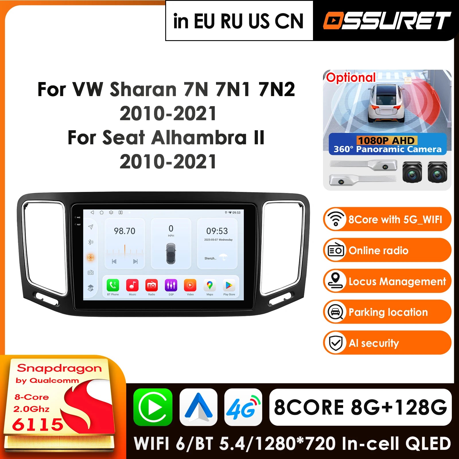 12.3" Car Radio GPS for VW Sharan SEAT Alhambra 7N 2010-2022 - Qualcomm 8Core 360Cam Carplay 4G AI Intelligent Screen