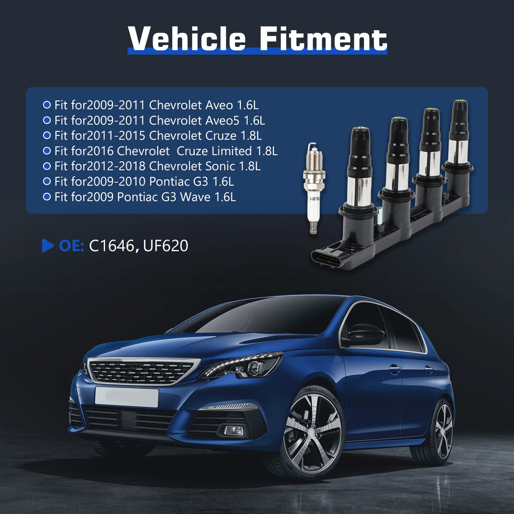 Ignition Coil+4Pcs Iridium Spark Plug UF620 5C1703 96476983 55561655 52-2058 610-00180 For