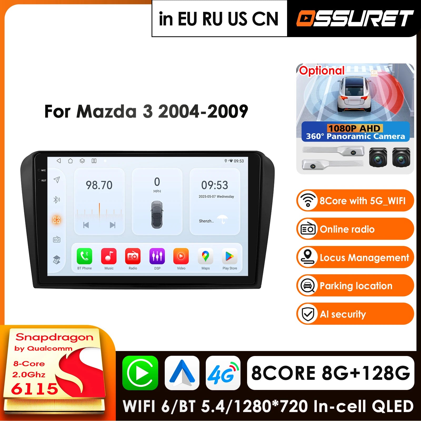 8Core Android 14 Car Radio GPS for Mazda 3 2004-2009 with BOSE - 2 Din Stereo Multimedia Player