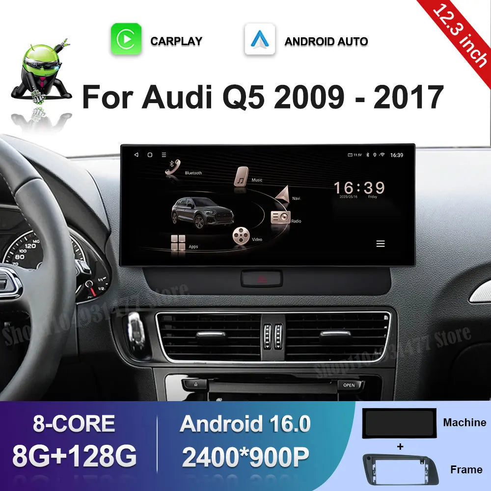12.3 inch GPS Navigation Wireless Carplay Android 16 for Audi Q5 2009 - 2017 BT Car Multim