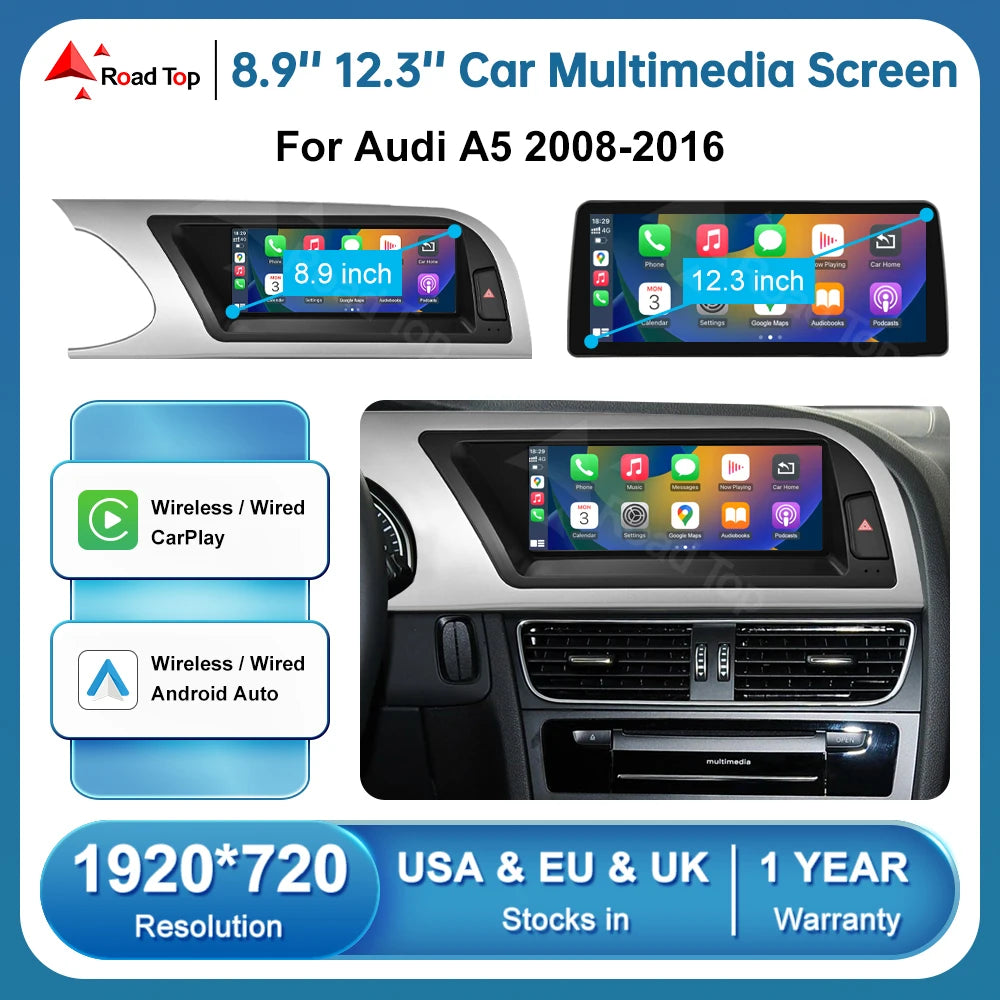 RoadTop Linux Touch Screen Wireless Carplay Car Multimedia Display For Audi A5 2008-2016 W | AUTOKITSHOP