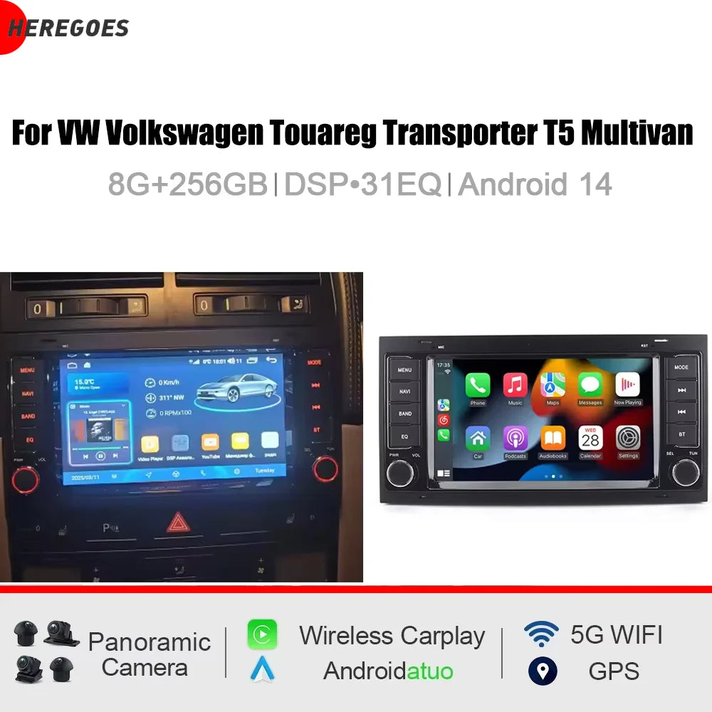 7" CarPlay Android 15.0 8 Core 12GB RAM 256GB ROM Car Radio GPS Multimedia for VW Touareg T5 Multivan Transporter - High