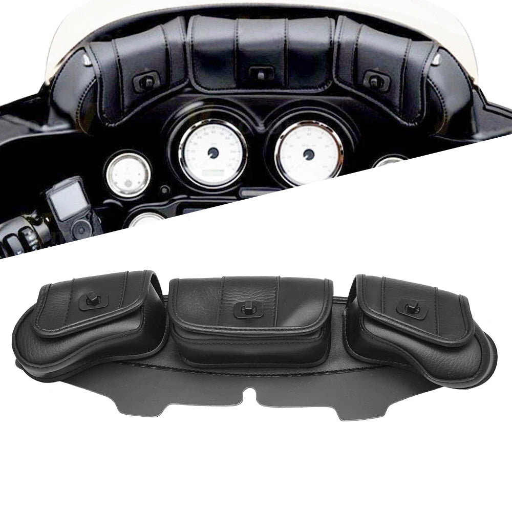 3 Pocket Batwing Fairing Windshield Bag Black PU Storage Pouches For Harley Touring Street Glide - Automotive LED Light
