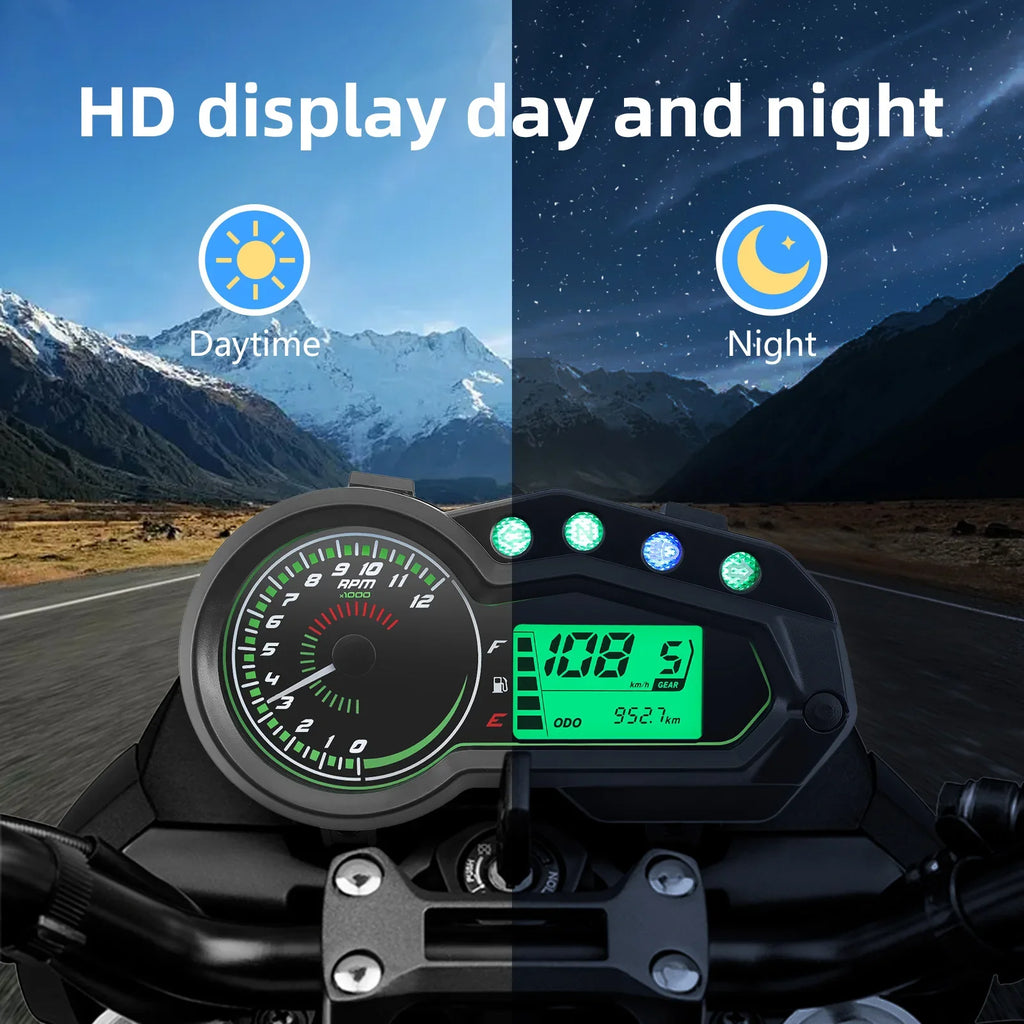 ADQ Motorcycle Speedometer Tachometer 12000 RPM Meter Universal Motor Vehicle GEAR Indicator TRI - Automotive LED Light