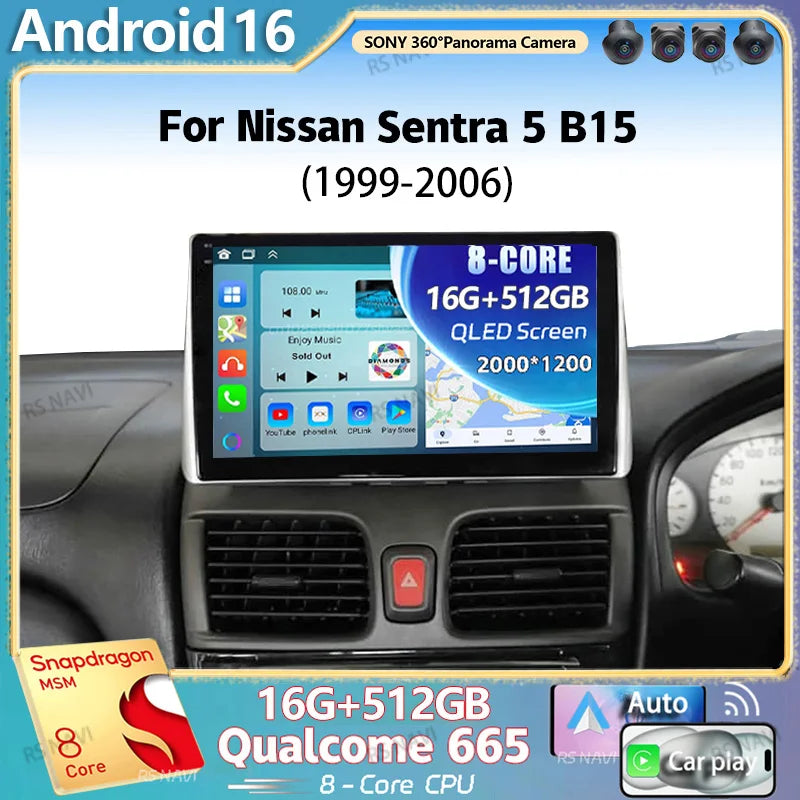 Android 16 For Nissan Sentra 5 B15 1999 - 2006 2K QLED Android Car Radio Multimedia Video