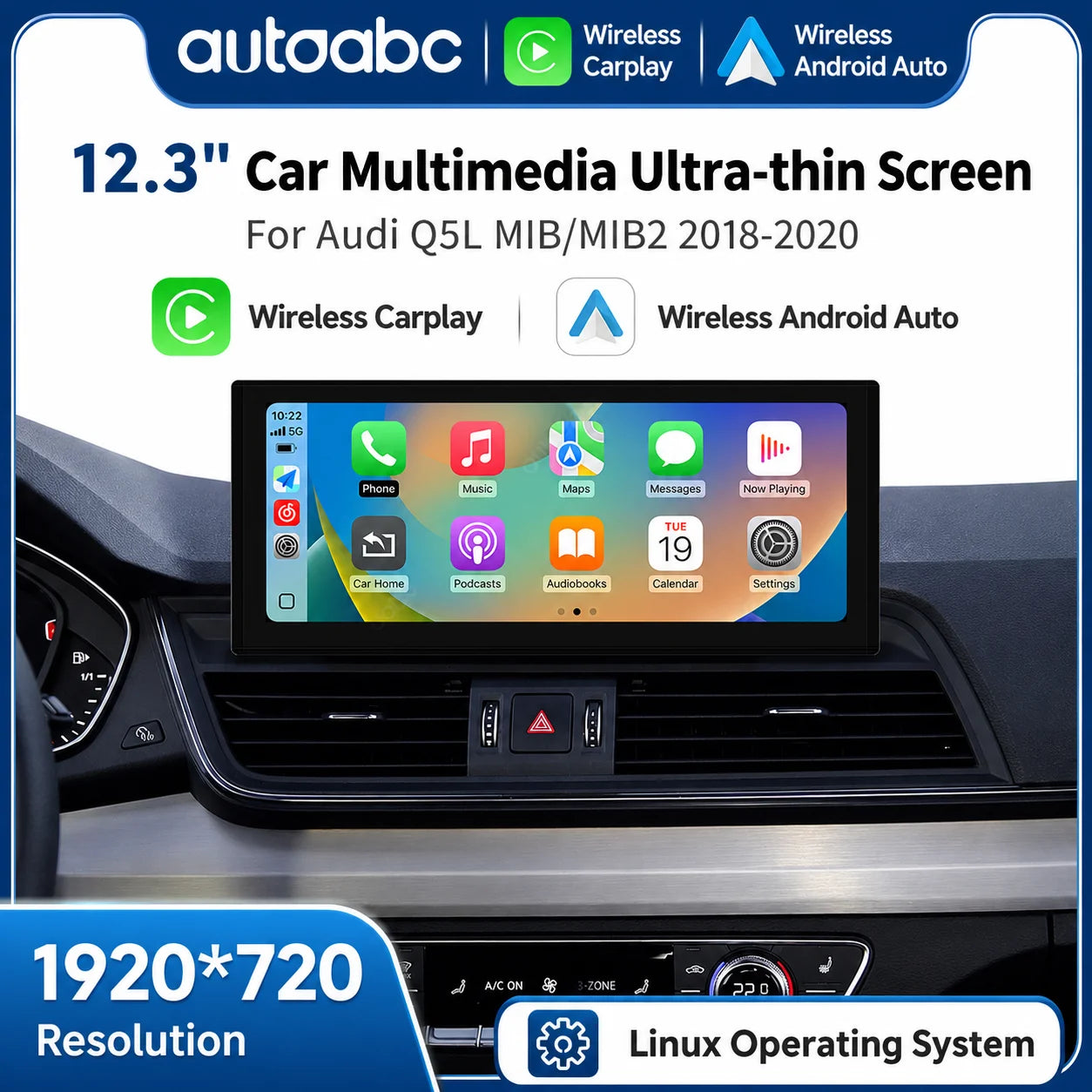 12.3'' Linux Screen Wireless CarPlay Car Multimedia Display For Audi Q5 2018-2019 MIB2 Sys | AUTOKITSHOP