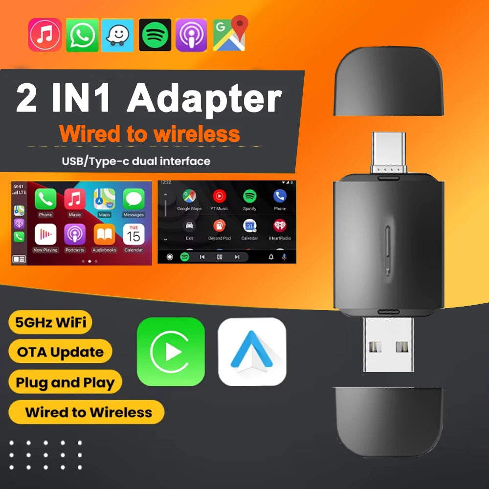 2In1 DongleAndroid Auto Wireless Carplay USB Bluetooth Wifi Plug and Play Type-c For Audi