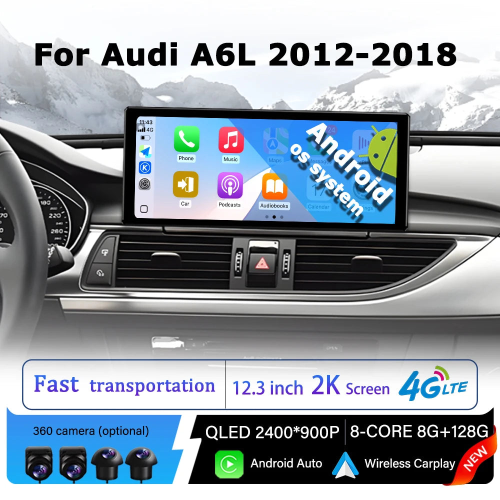 Android OS Touch Display for Audi A6L 2012 - 2018 Car Radio Multimedia Player BT Wireless