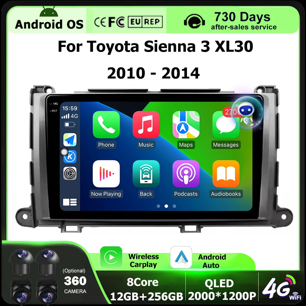 Android 16 Auto For Toyota Sienna 3 XL30 2010-2014 Car Radio Multimedia Video Player GPS N