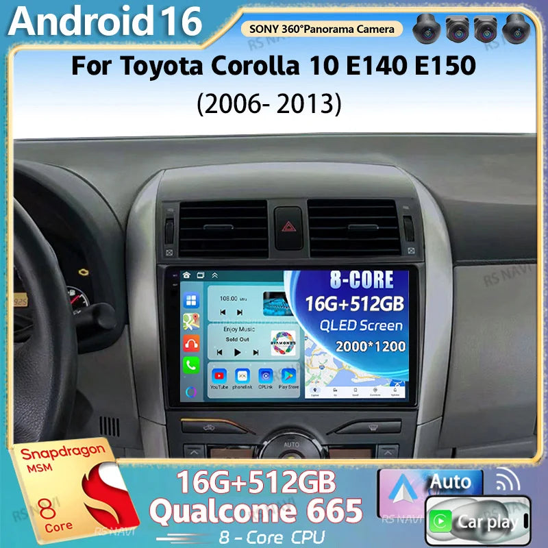 Android 16 For Toyota Corolla 10 E140 E150 2006 -2013 2K QLED Android Car Radio Multimedia