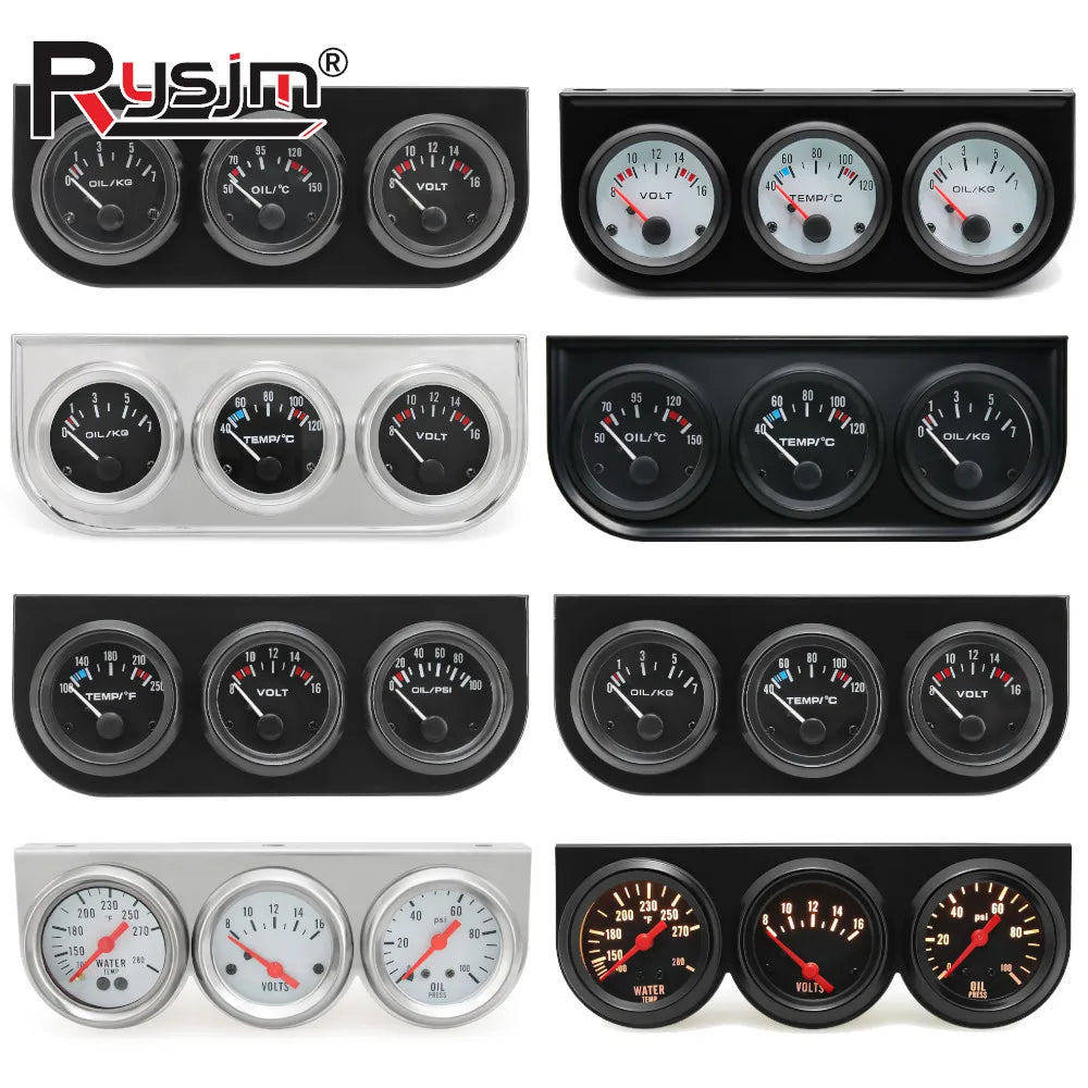52mm 3 in 1 Car Modification Gauge Water Temp+Oil Pressure+Volt Meter with Temp &Press Sensor Bl - Automotive LED Light