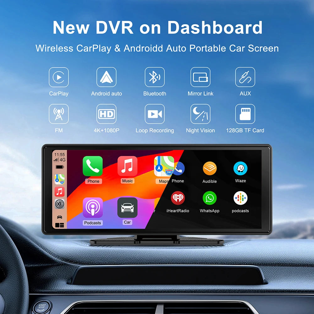 10.26 inch Car DVR 4K Dash Cam Dual Lens Wireless Carplay & Android Auto Video Recorder Mo | AUTOKITSHOP