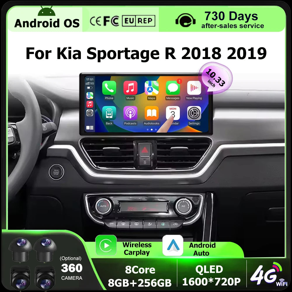 10.33 Inch Screen Android 16 Carplay For Kia Sportage R 2018 2019 WIFI Car Radio Multimedi