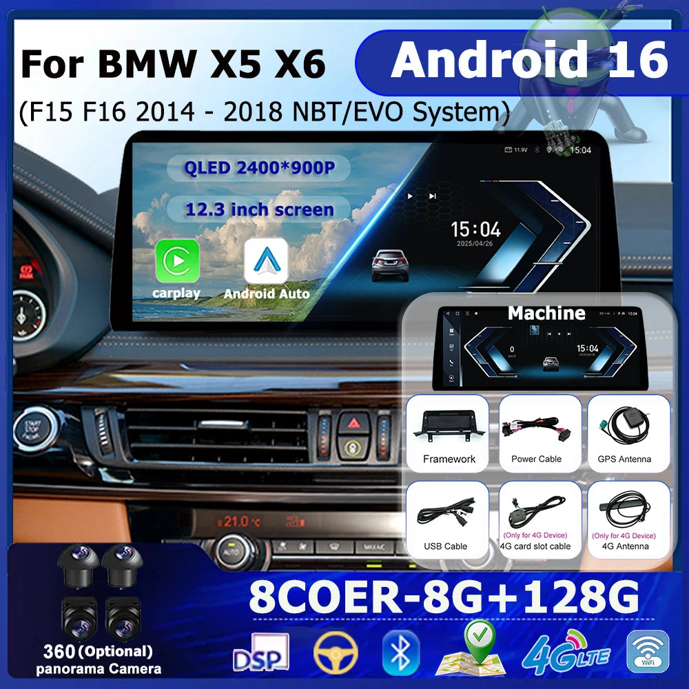 Android 16 For BMW X5 F15 X6 F16 2014-2019 NBT EVO Car GPS Navigation 12.3" Car Radio Ster