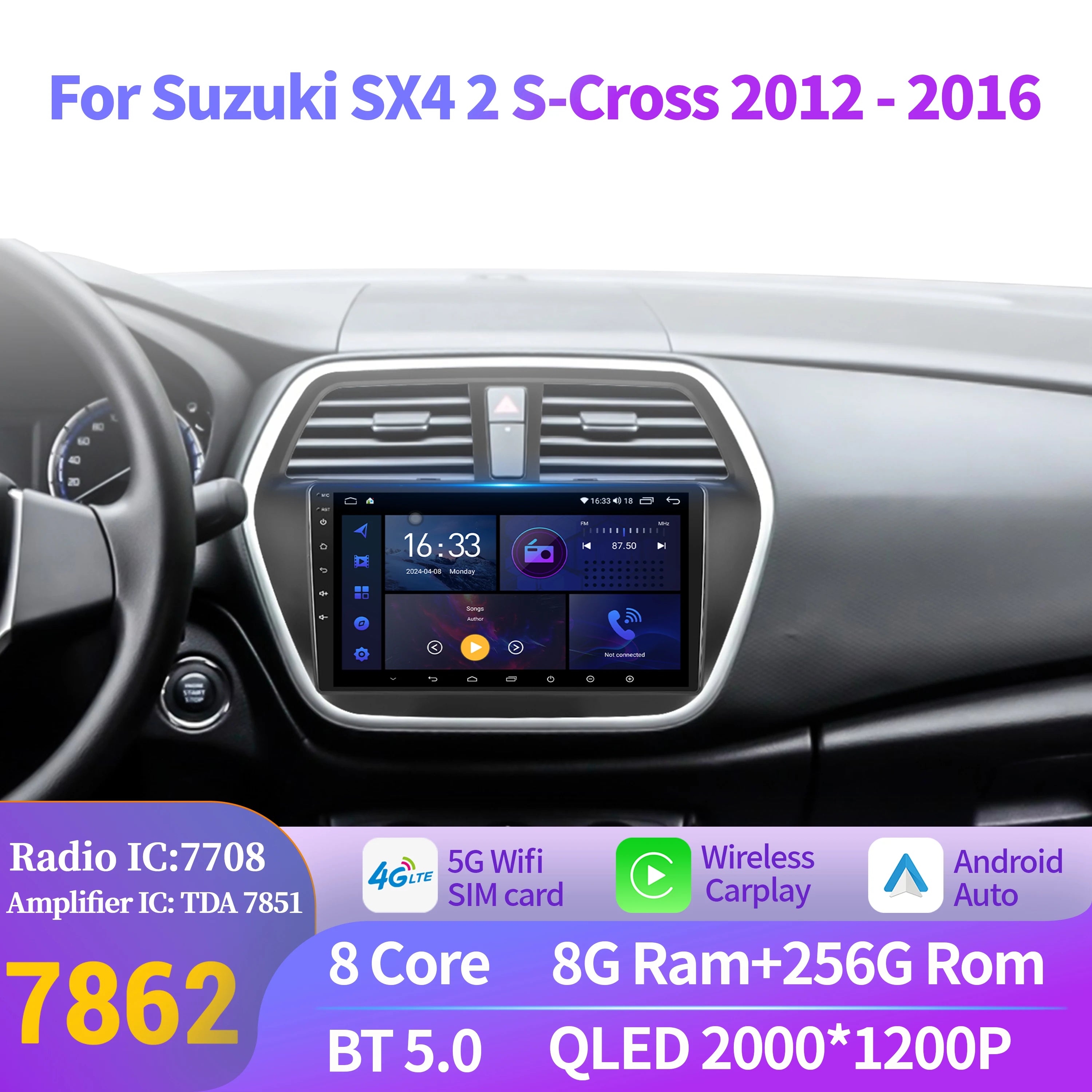 For Suzuki SX4 2 S-Cross 2012-2016 Car Radio Multimedia Android 14 Wireless BT CarPlay Nav