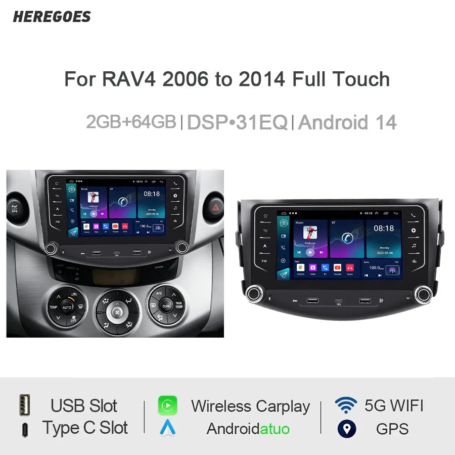 7" Android Car Radio GPS for RAV4 2006-2014 - Wireless CarPlay Android Auto Bluetooth Steering Control