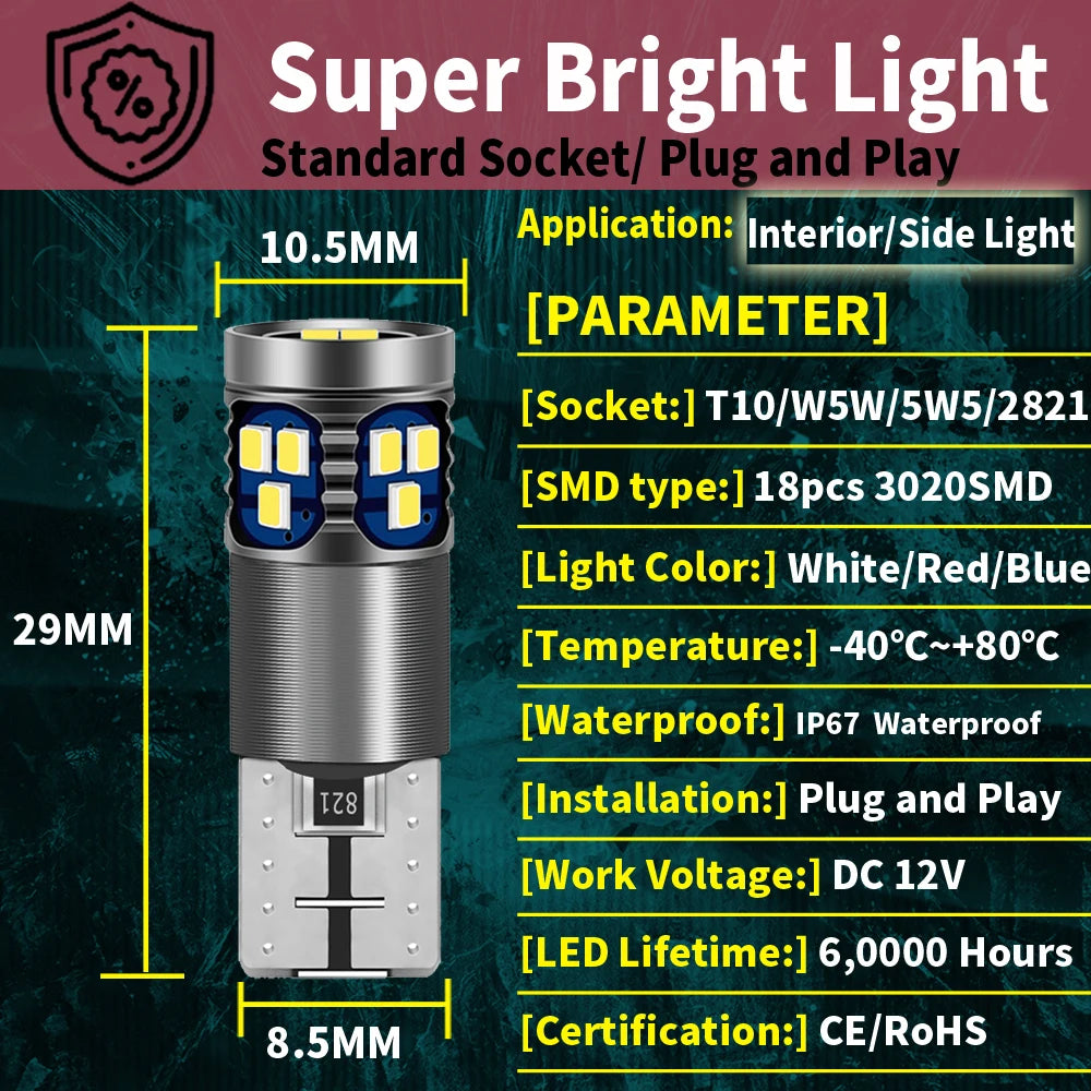 2-Piece LED Interior Light Kit for W5W T10 - Canbus Error-Free Interior Bulbs