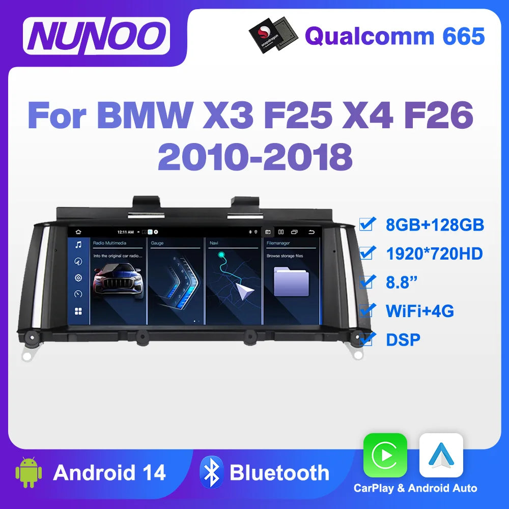 8.8 inch Qualcomm 8+128GB CarPlay Display For BMW X3 F25 X4 F26 Car Multimedia Player Andr