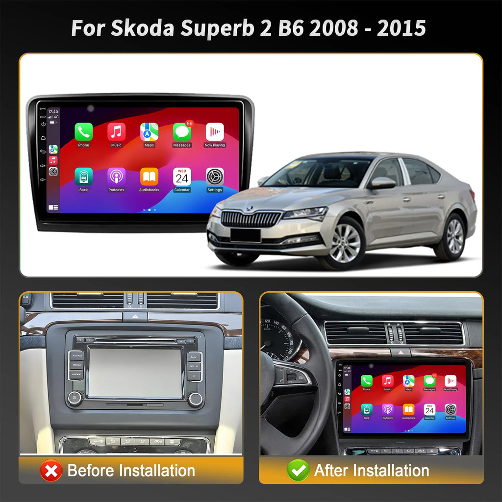 Car Radio 4G GPS For Skoda Superb 2 B6 2008-2015 Android 14 Multimedia Wireless CarPlay To