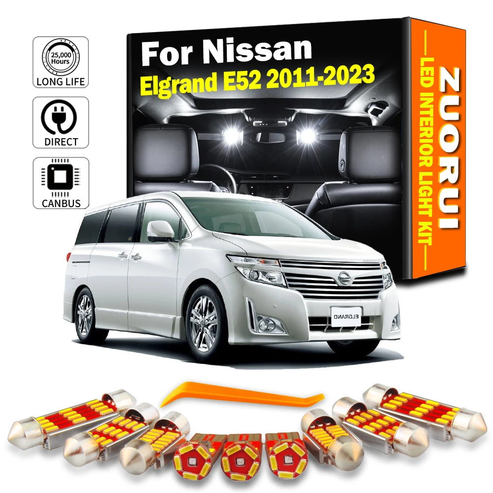 15-Piece LED Interior Light Kit for Nissan Elgrand E52 2011- 2020 - Canbus Dome Map Door Trunk Bulbs | AUTOKITSHOP