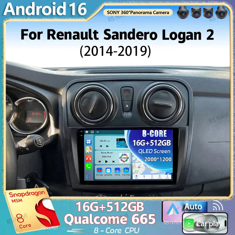 Android 16 2K QLED For Renault Sandero Logan 2 2014 - 2019 Car Radio Multimedia Video Play