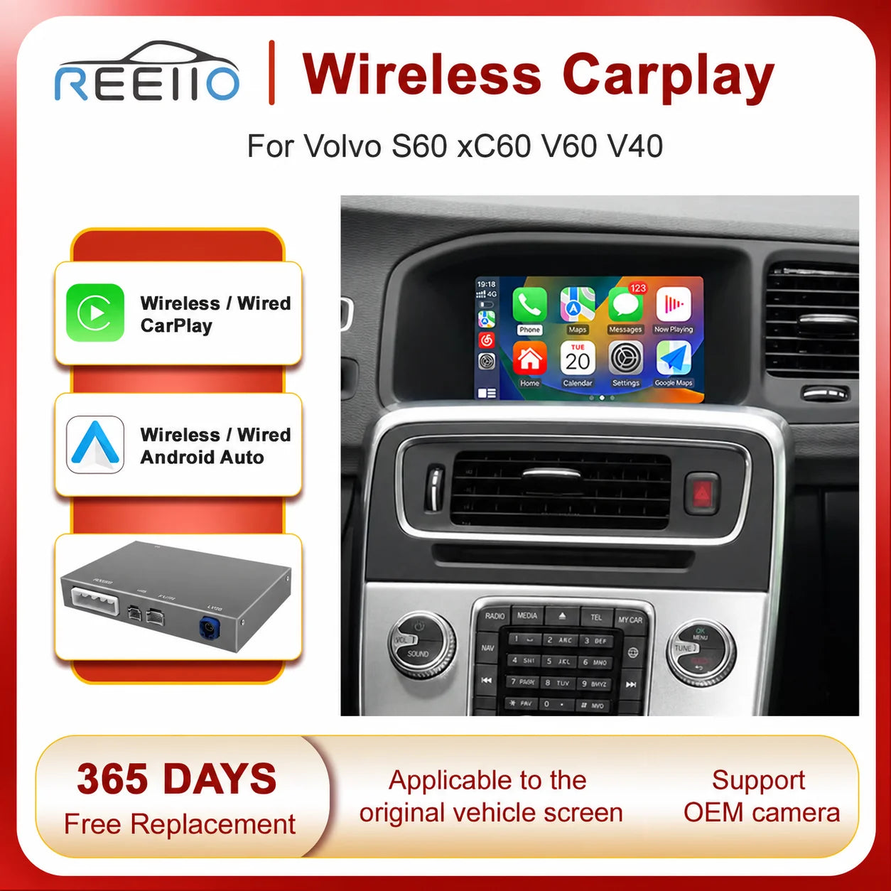 REEIIO NEW Wireless CarPlay Android Auto For Volvo XC60 S60 V60 V40module Support Camera A